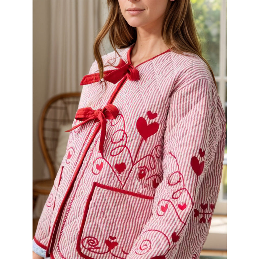 Embroidered Tied Striped Round Neck Coat Deep Red / S Apparel and Accessories