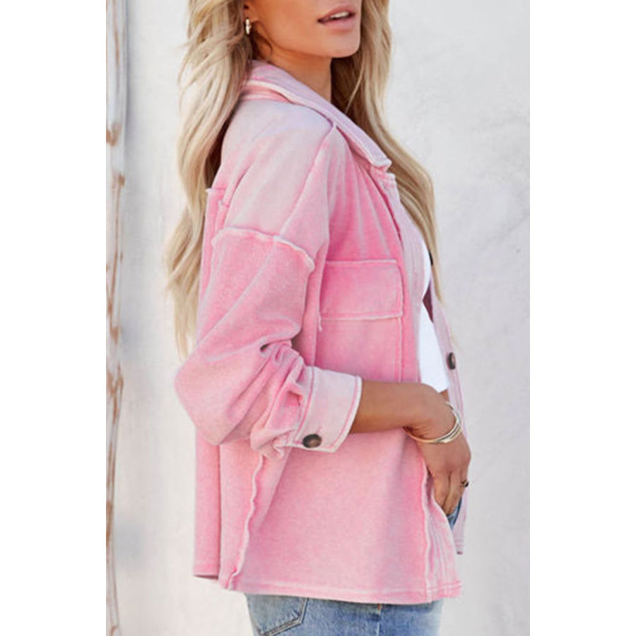 Exposed Seam Collared Neck Drop Shoulder Jacket Apparel and Accessories