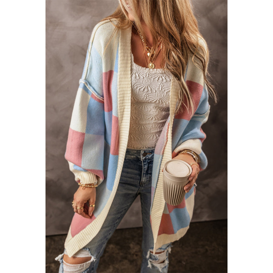 Exposed Seam Color Block Open Front Cardigan Light Blue / S Apparel and Accessories