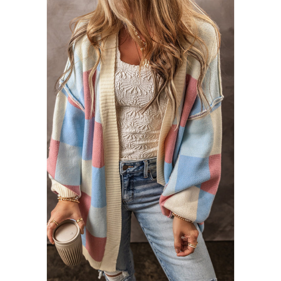 Exposed Seam Color Block Open Front Cardigan Light Blue / S Apparel and Accessories