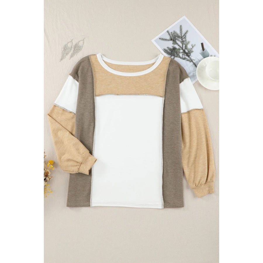 Exposed Seam Contrast Round Neck Long Sleeve Top Apparel and Accessories