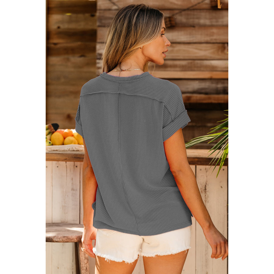 Exposed Seam Round Neck Short Sleeve T - Shirt Apparel and Accessories