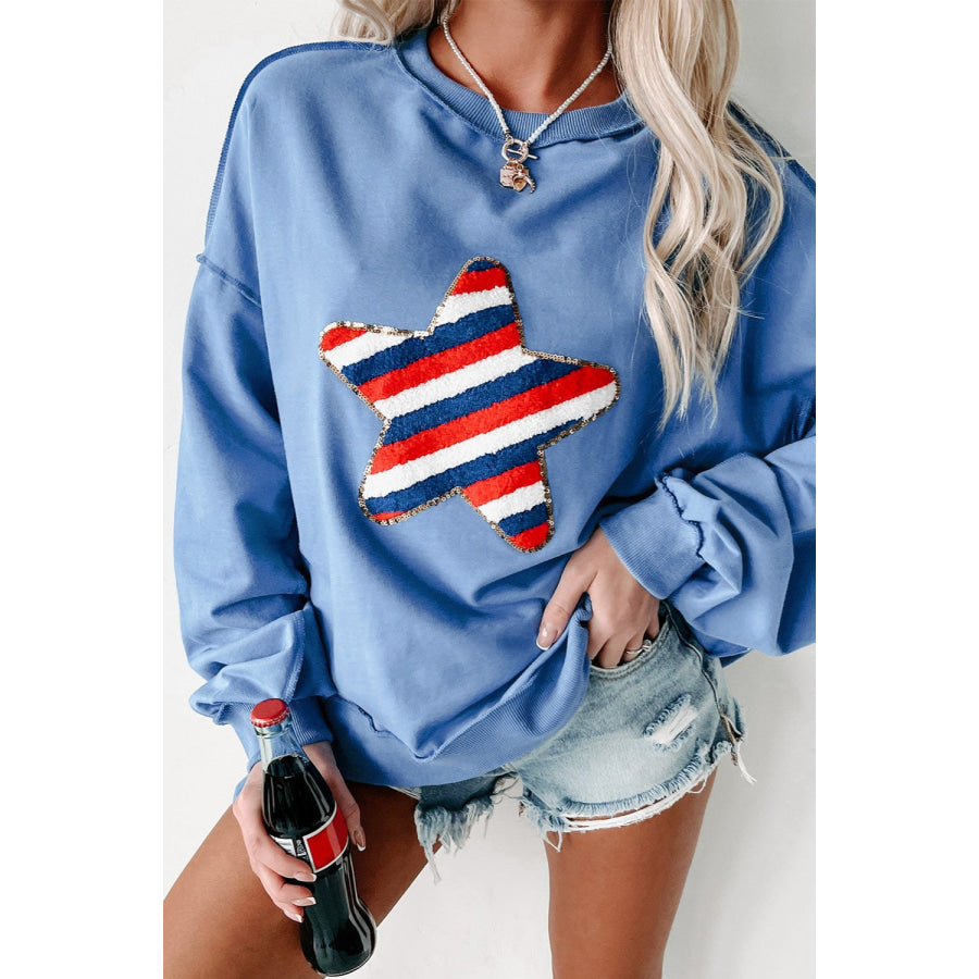 Exposed Seam Star Long Sleeve Sweatshirt Light Blue / S Apparel and Accessories