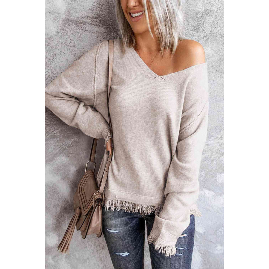 Exposed Seam V - Neck Fringe Hem Knit Top Apparel and Accessories