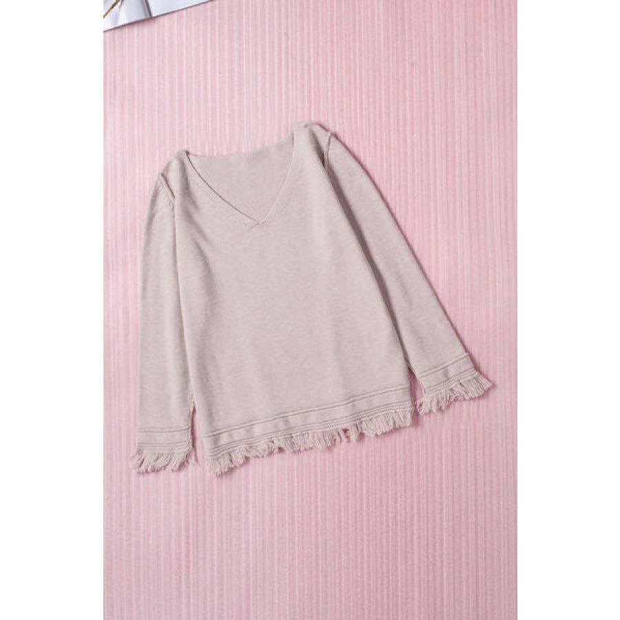 Exposed Seam V - Neck Fringe Hem Knit Top Apparel and Accessories