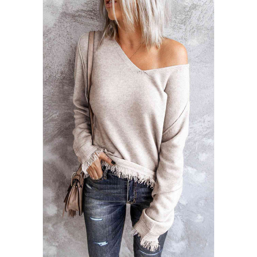 Exposed Seam V - Neck Fringe Hem Knit Top Oatmeal / S Apparel and Accessories