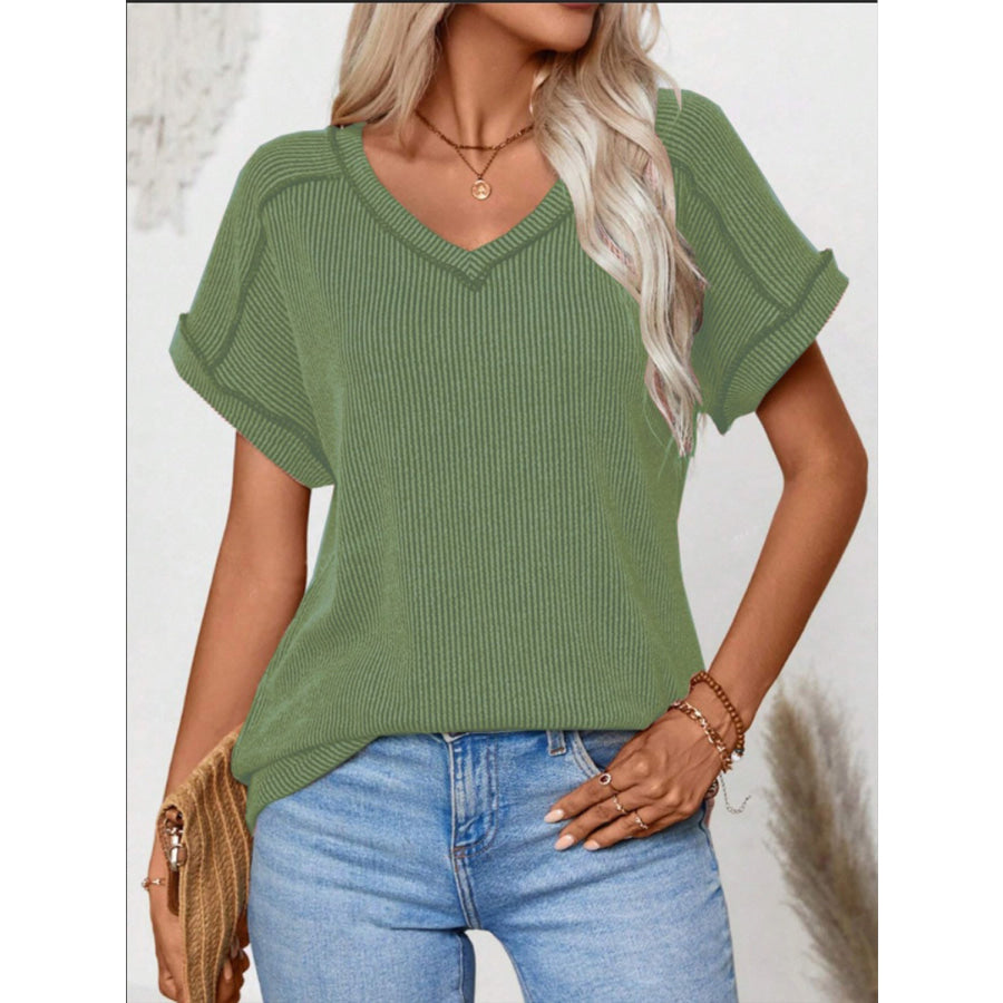 Exposed Seam V-Neck Short Sleeve Top Apparel and Accessories