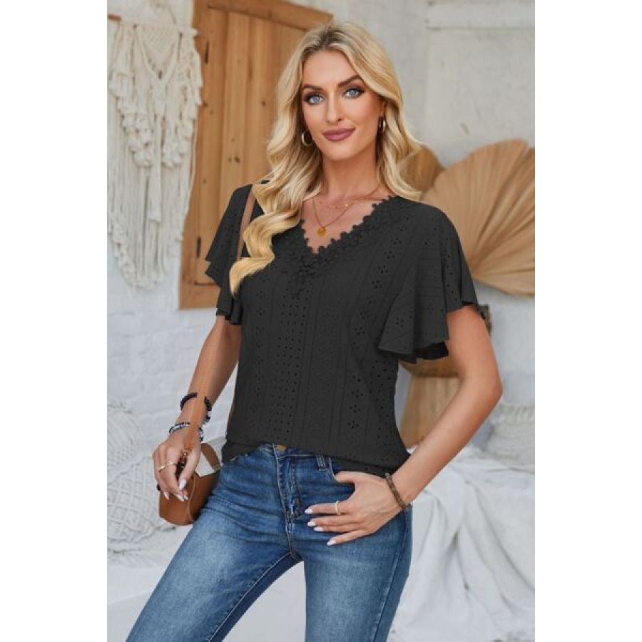Eyelet Applique V - Neck Cap Sleeve T - Shirt Apparel and Accessories