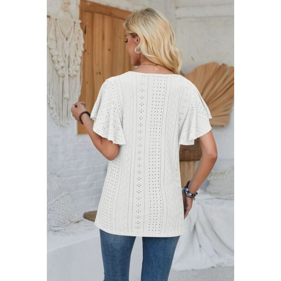 Eyelet Applique V - Neck Cap Sleeve T - Shirt Apparel and Accessories