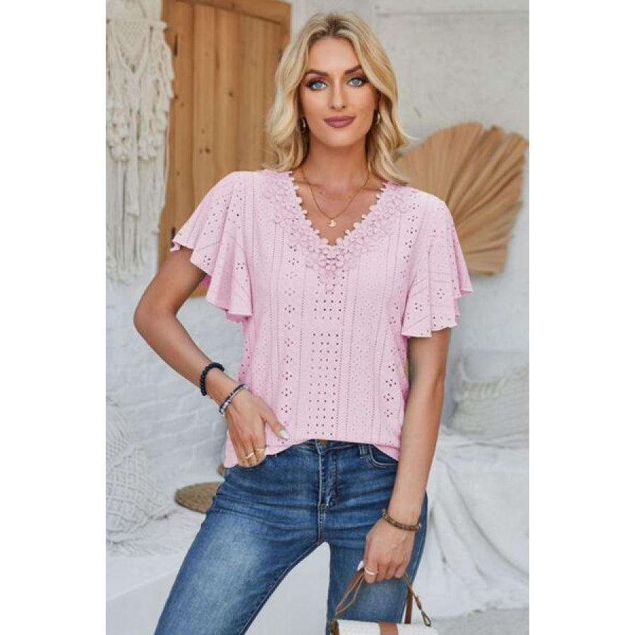 Eyelet Applique V - Neck Cap Sleeve T - Shirt Apparel and Accessories
