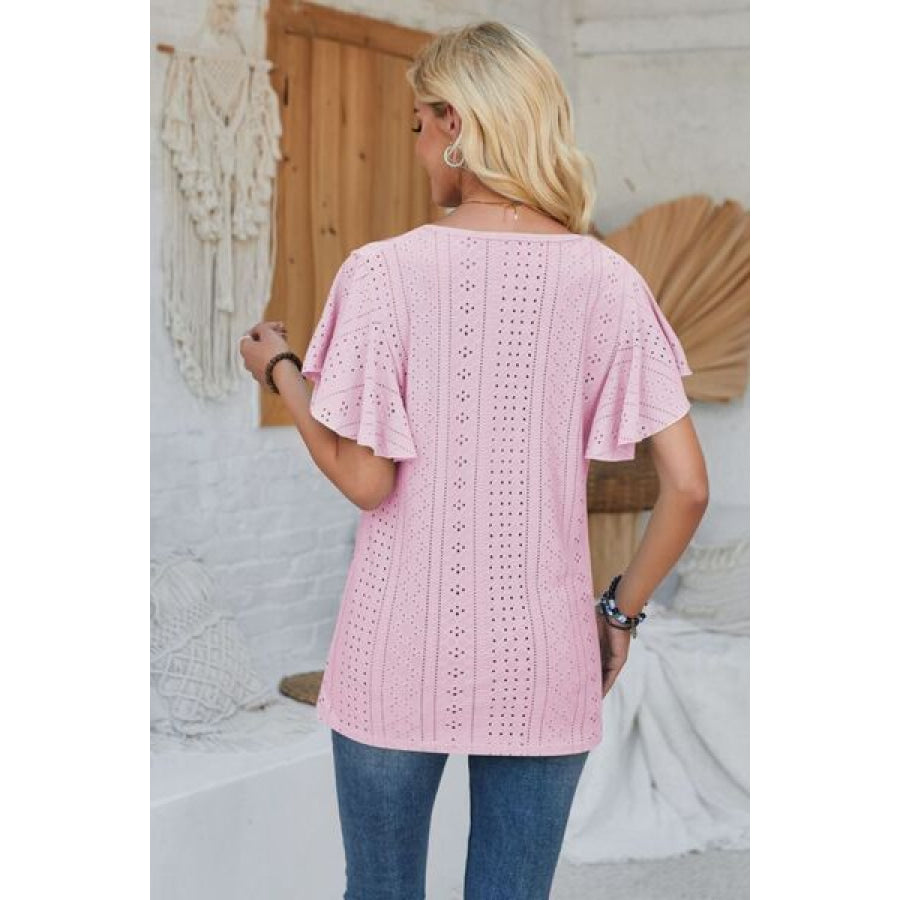 Eyelet Applique V - Neck Cap Sleeve T - Shirt Apparel and Accessories