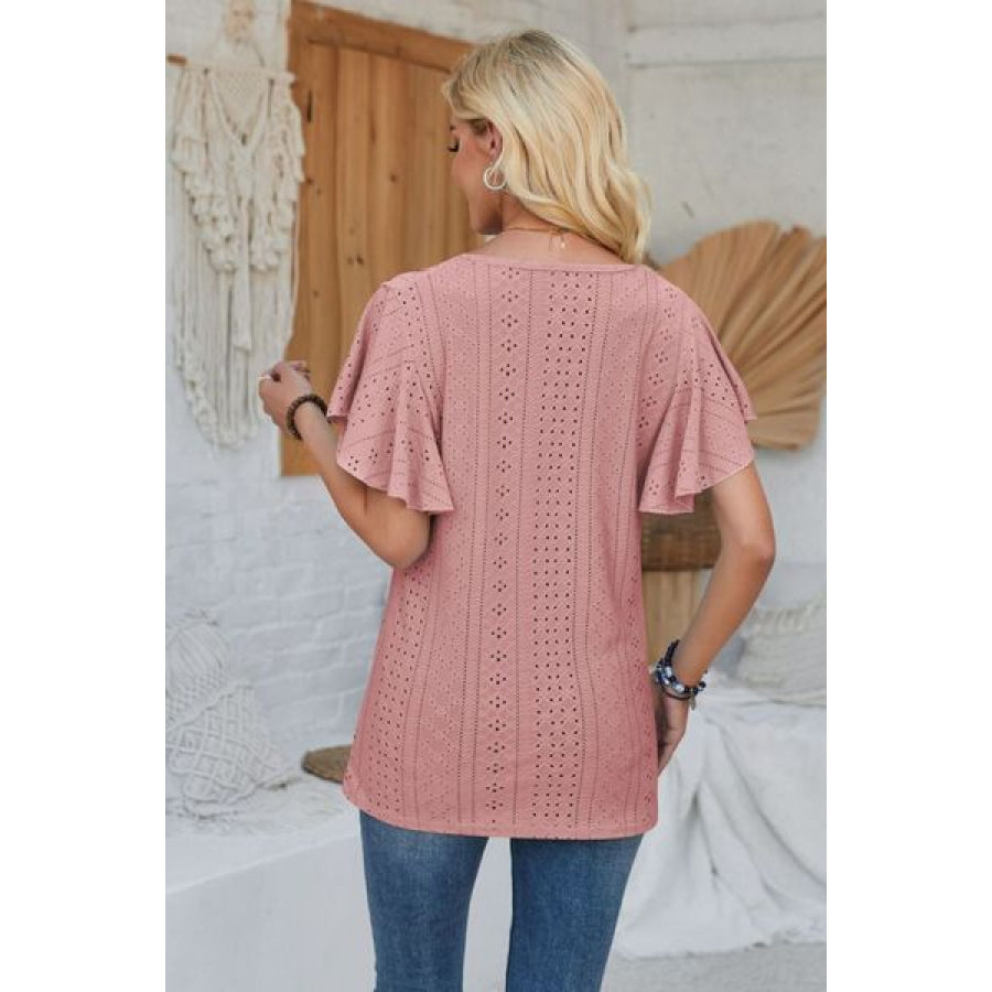 Eyelet Applique V - Neck Cap Sleeve T - Shirt Apparel and Accessories