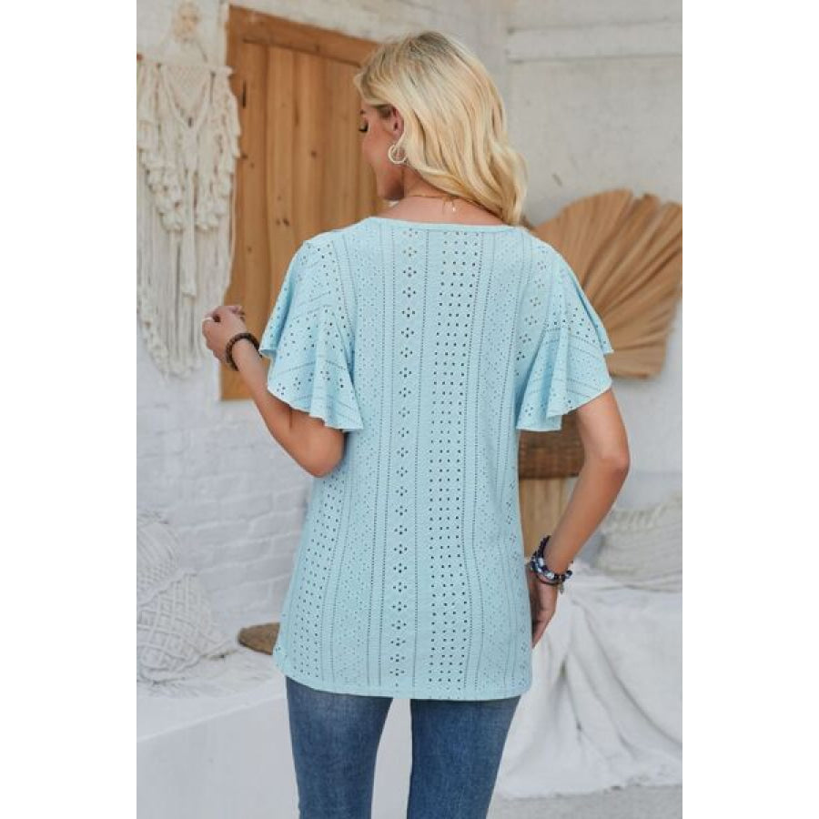 Eyelet Applique V - Neck Cap Sleeve T - Shirt Apparel and Accessories