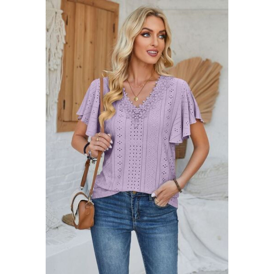 Eyelet Applique V - Neck Cap Sleeve T - Shirt Lavender / S Apparel and Accessories