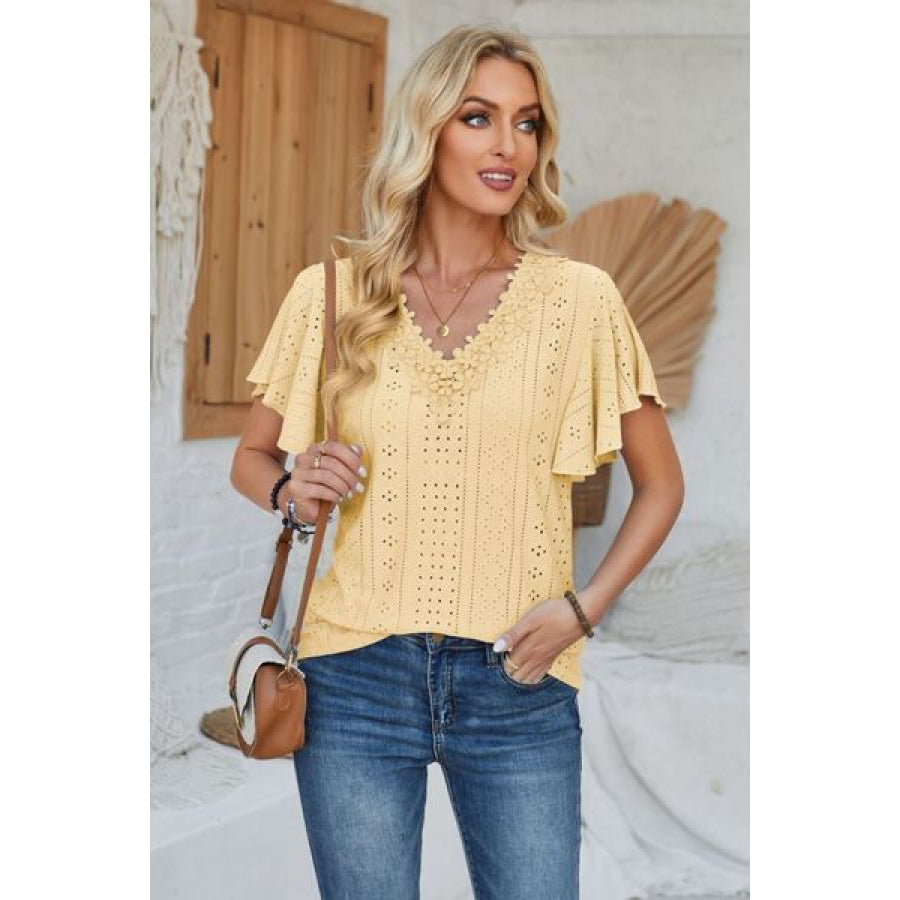 Eyelet Applique V - Neck Cap Sleeve T - Shirt True Yellow / S Apparel and Accessories