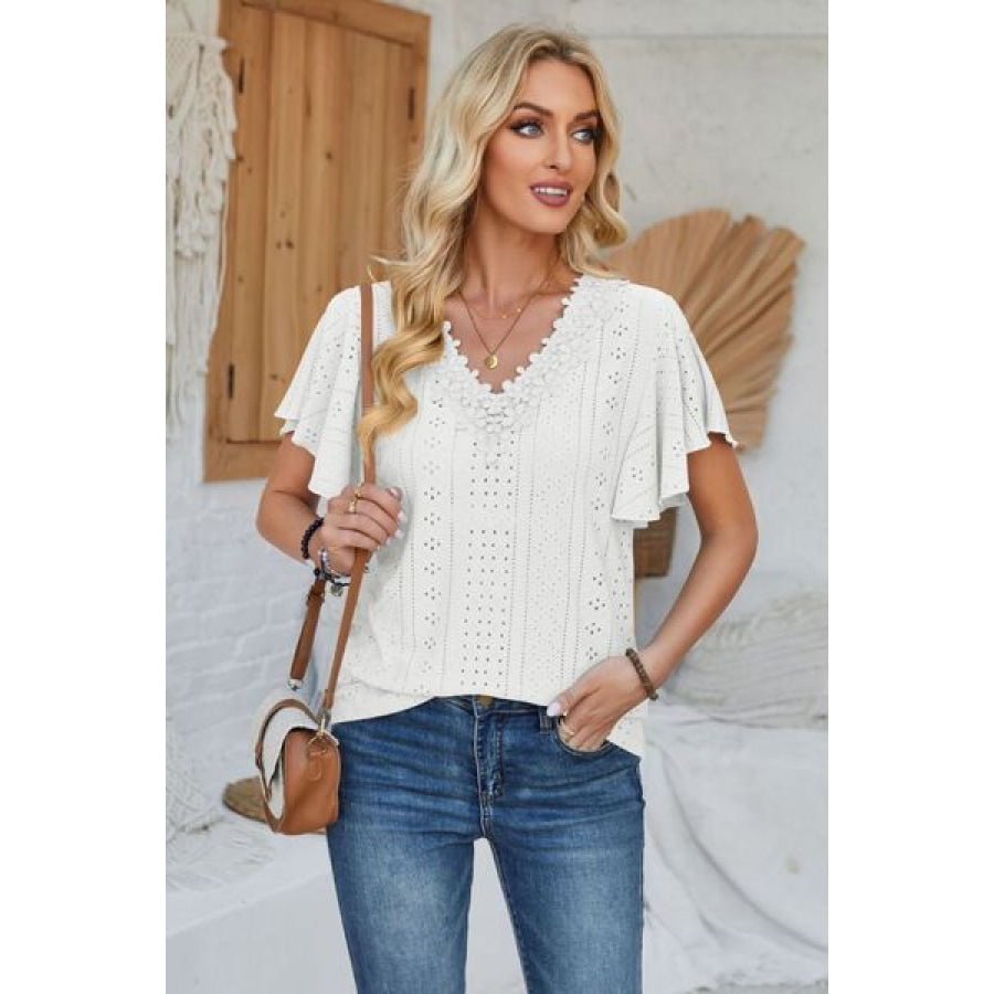 Eyelet Applique V - Neck Cap Sleeve T - Shirt White / S Apparel and Accessories