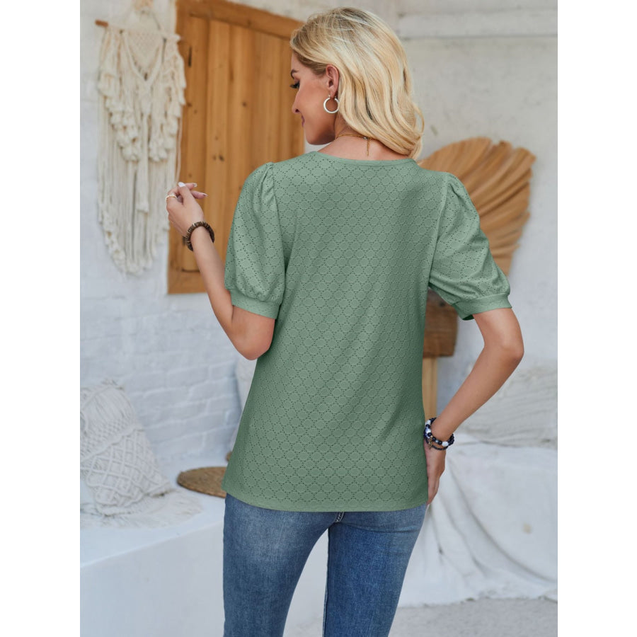 Eyelet Asymmetrical Neck Short Sleeve T - Shirt Apparel and Accessories