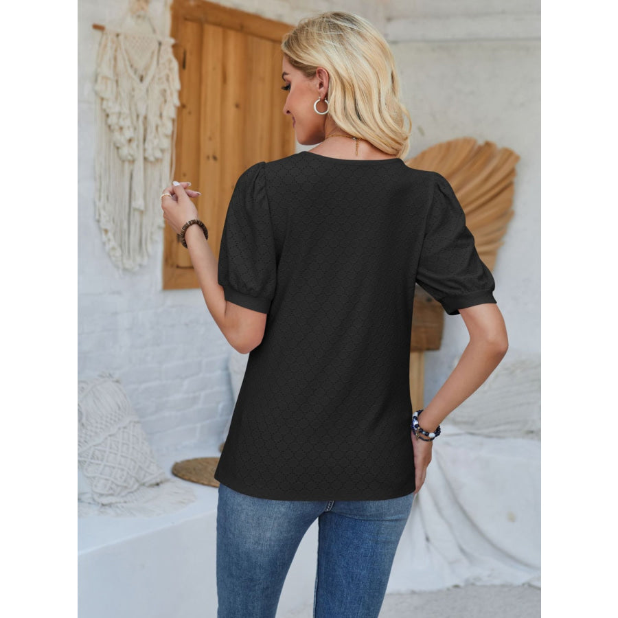Eyelet Asymmetrical Neck Short Sleeve T - Shirt Apparel and Accessories