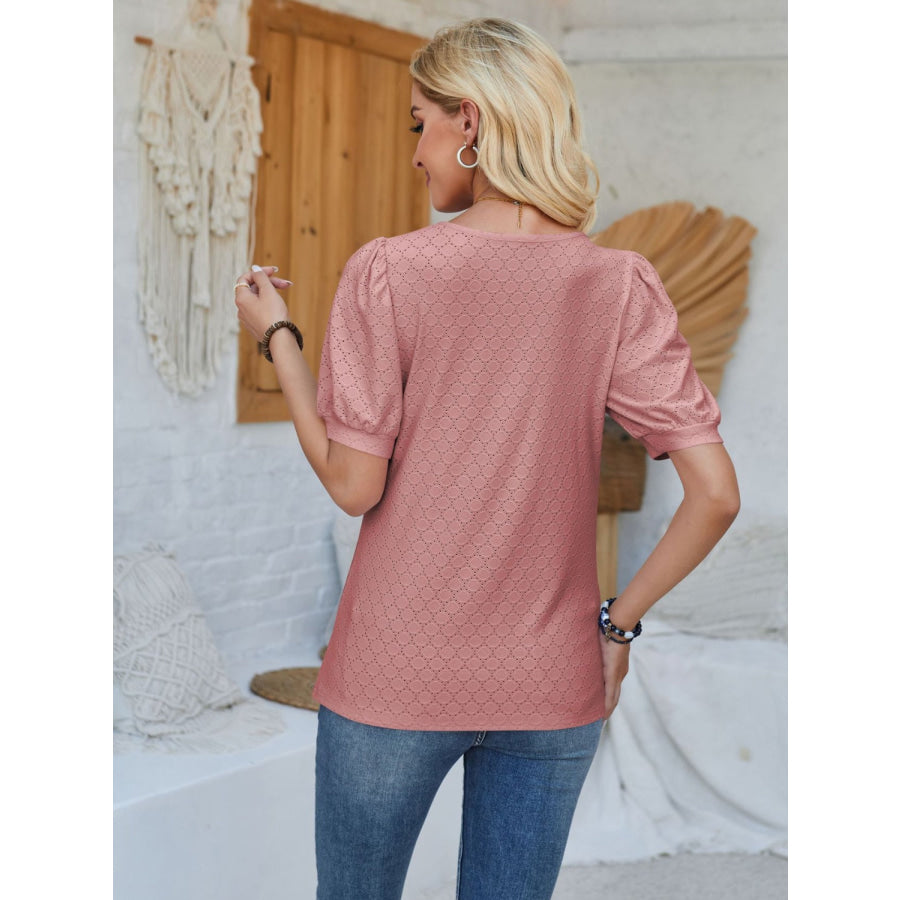 Eyelet Asymmetrical Neck Short Sleeve T - Shirt Apparel and Accessories