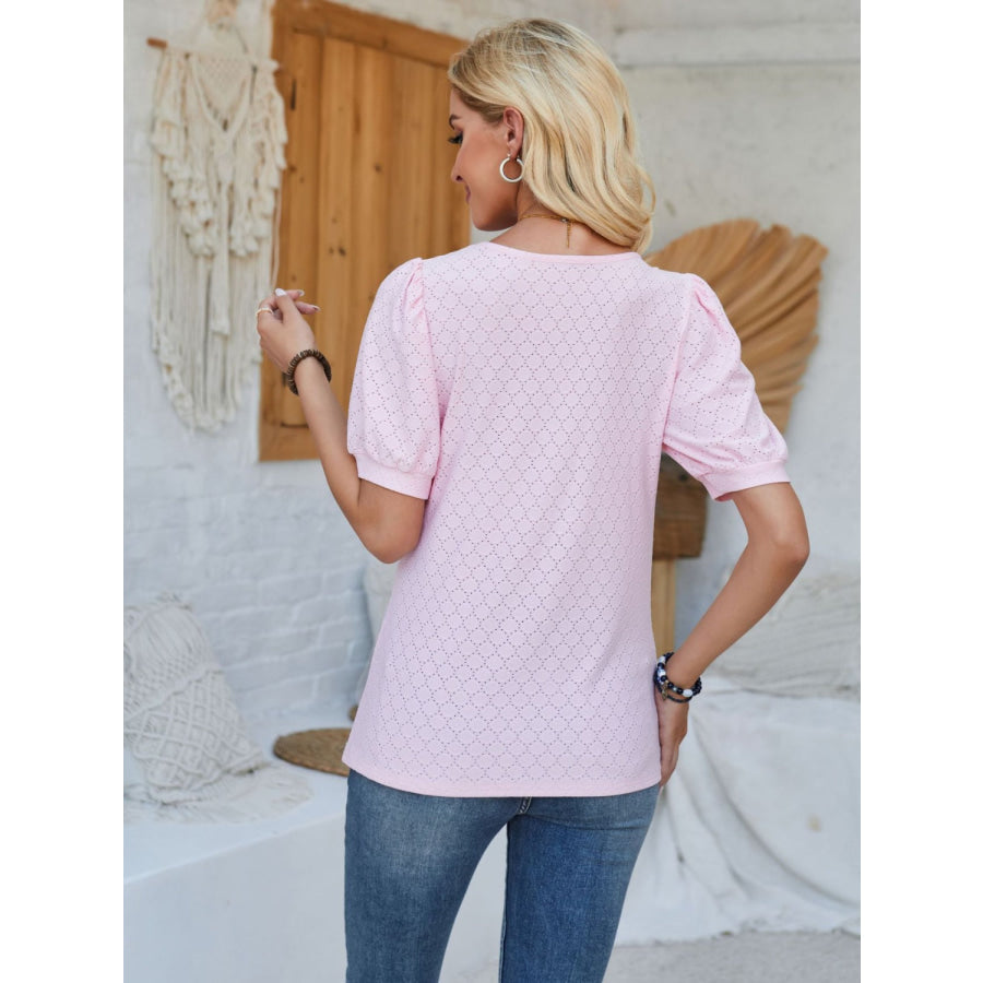 Eyelet Asymmetrical Neck Short Sleeve T - Shirt Apparel and Accessories