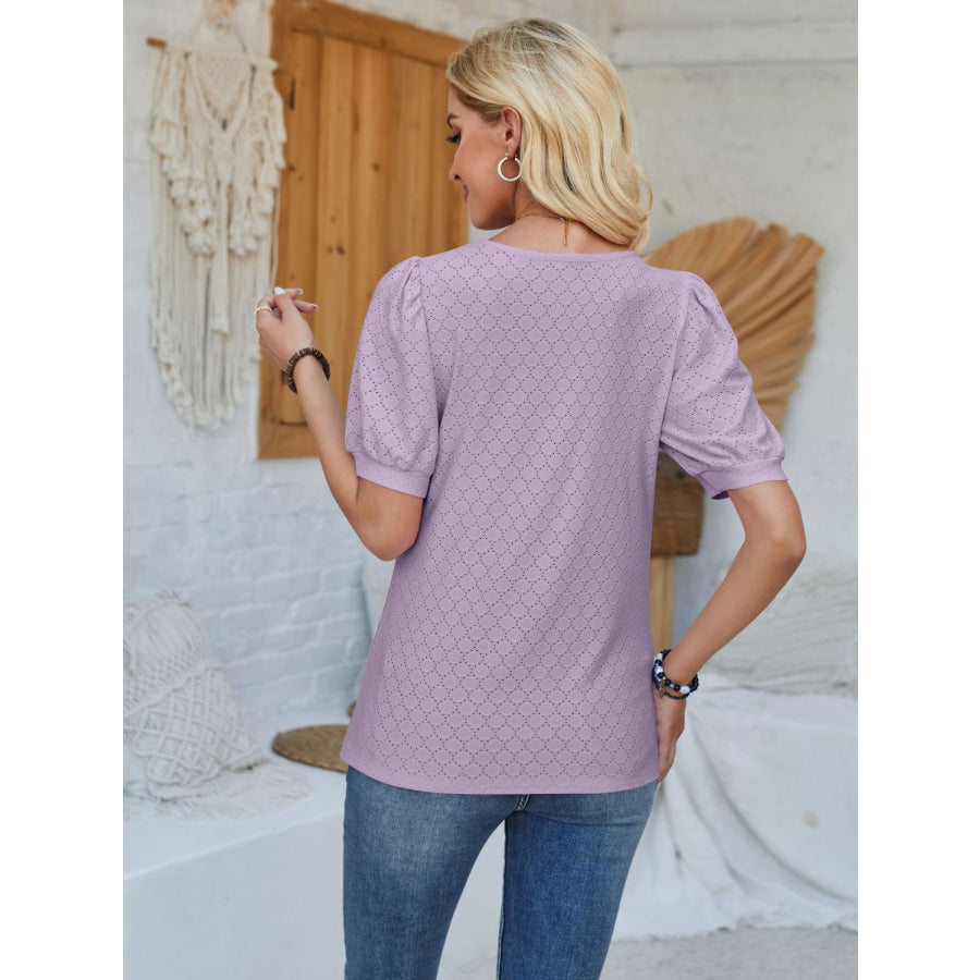 Eyelet Asymmetrical Neck Short Sleeve T - Shirt Apparel and Accessories