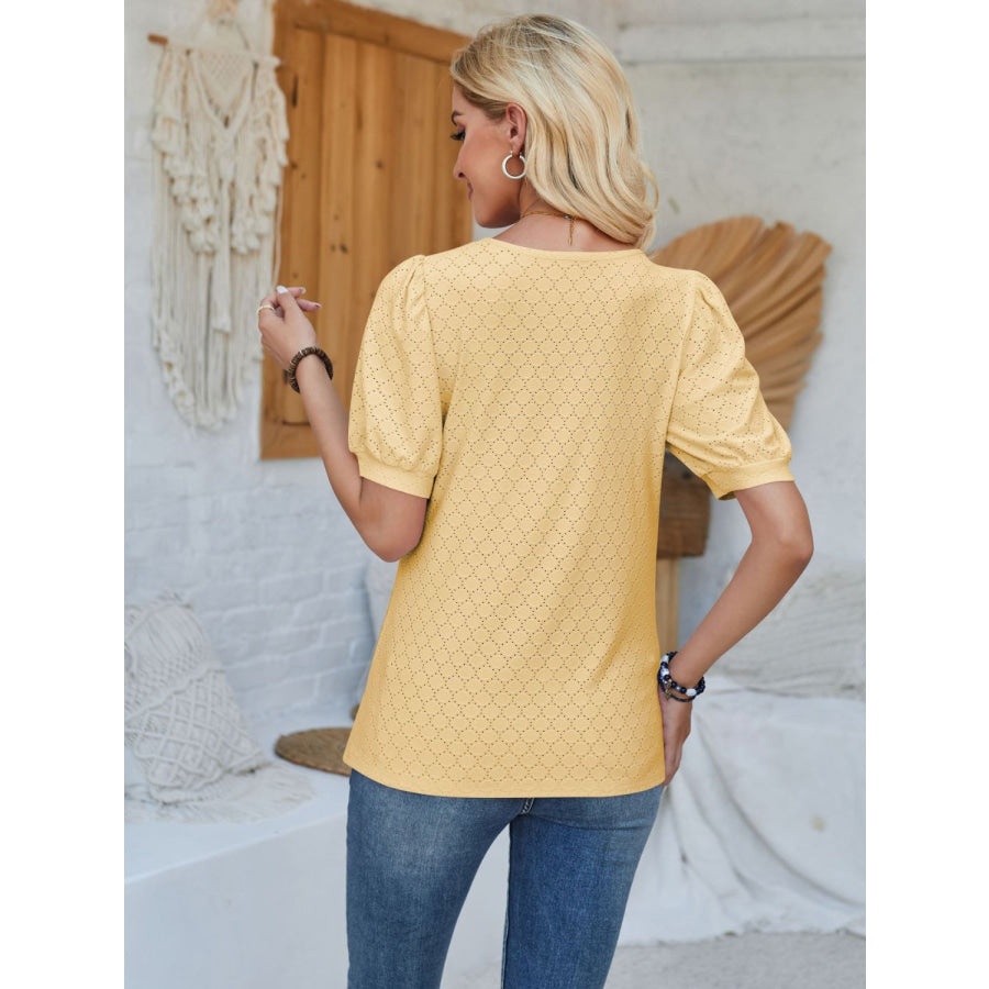 Eyelet Asymmetrical Neck Short Sleeve T - Shirt Apparel and Accessories