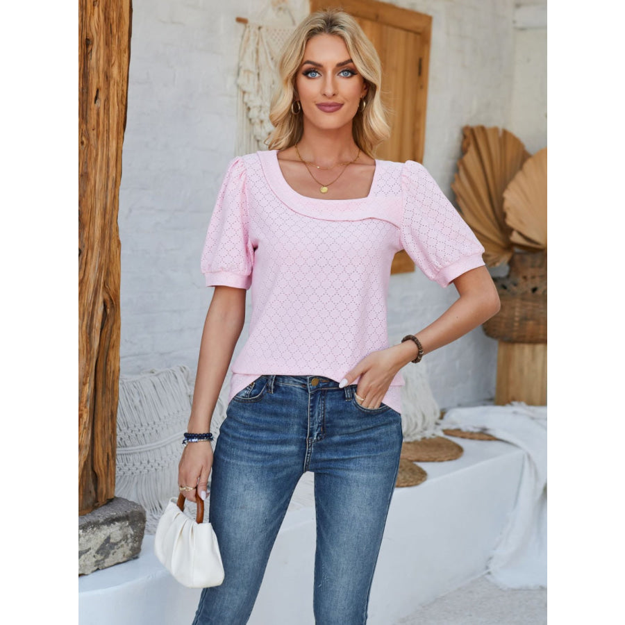 Eyelet Asymmetrical Neck Short Sleeve T - Shirt Blush Pink / S Apparel and Accessories