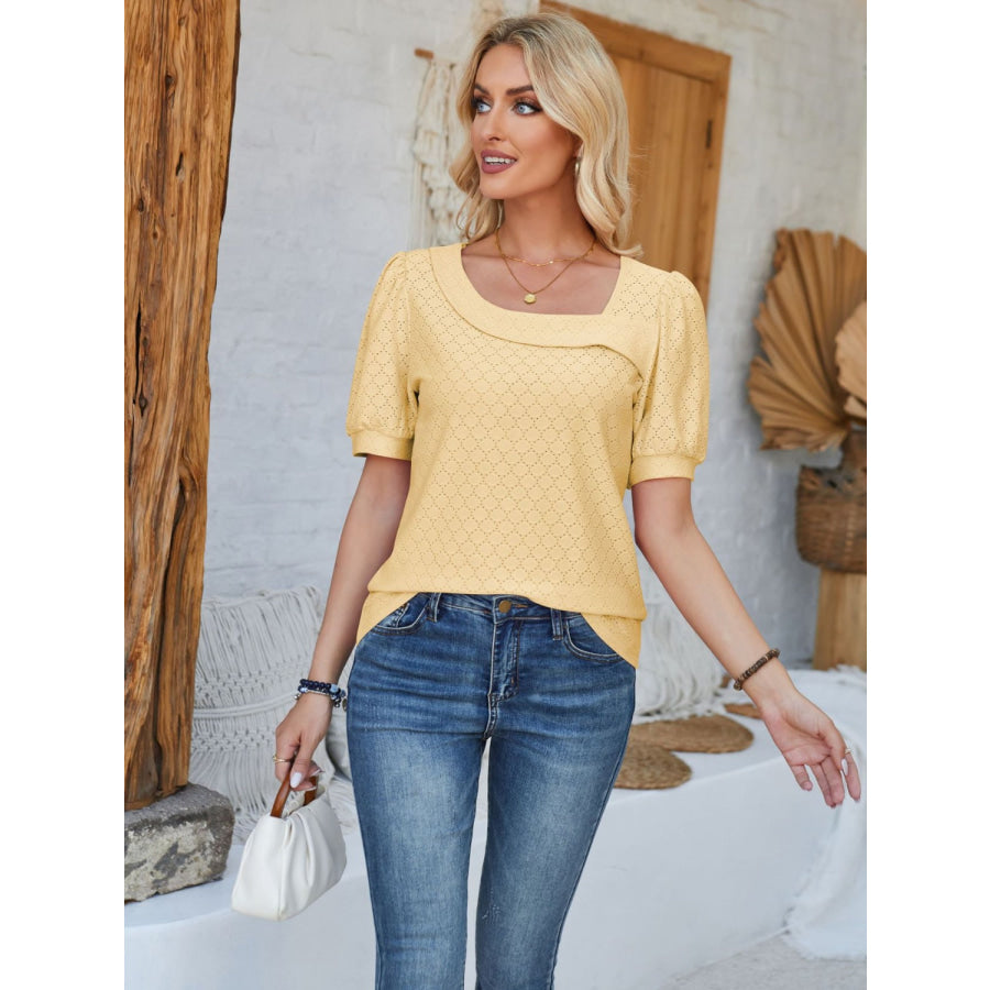 Eyelet Asymmetrical Neck Short Sleeve T - Shirt Apparel and Accessories