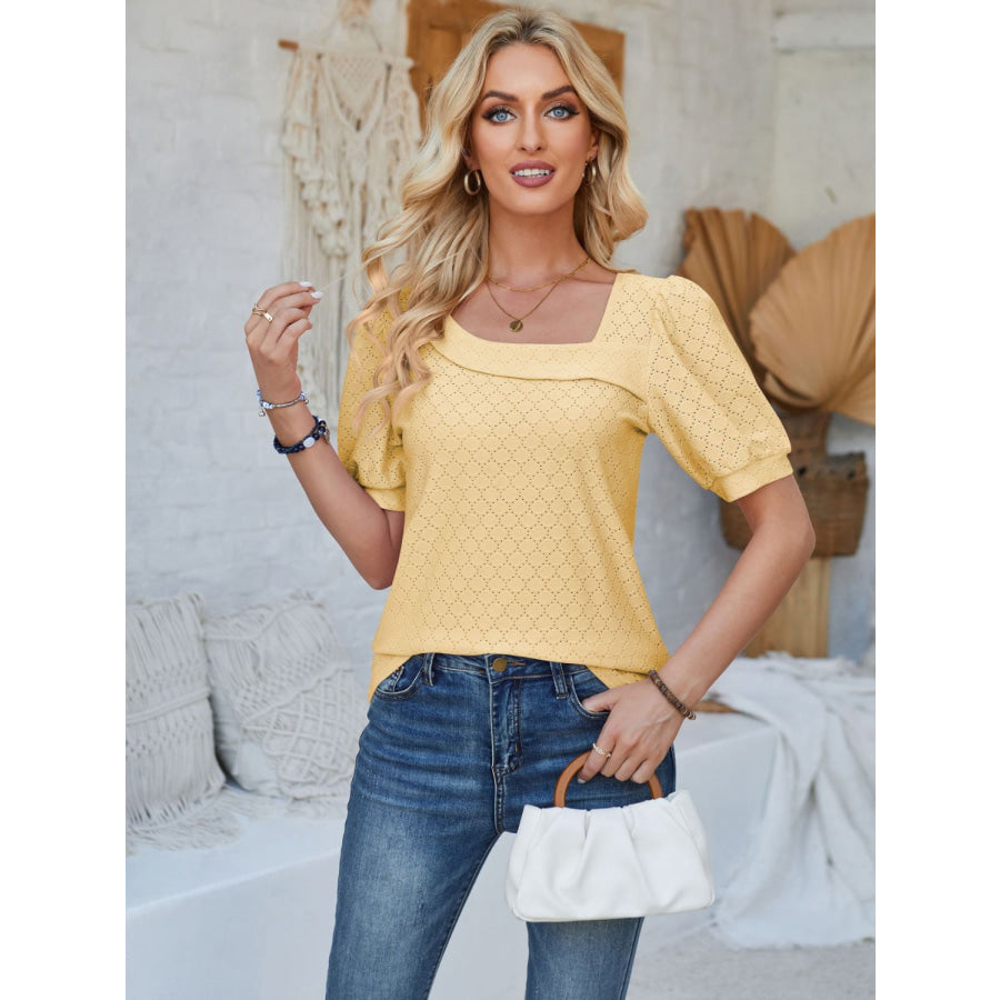Eyelet Asymmetrical Neck Short Sleeve T - Shirt Butter Yellow / S Apparel and Accessories
