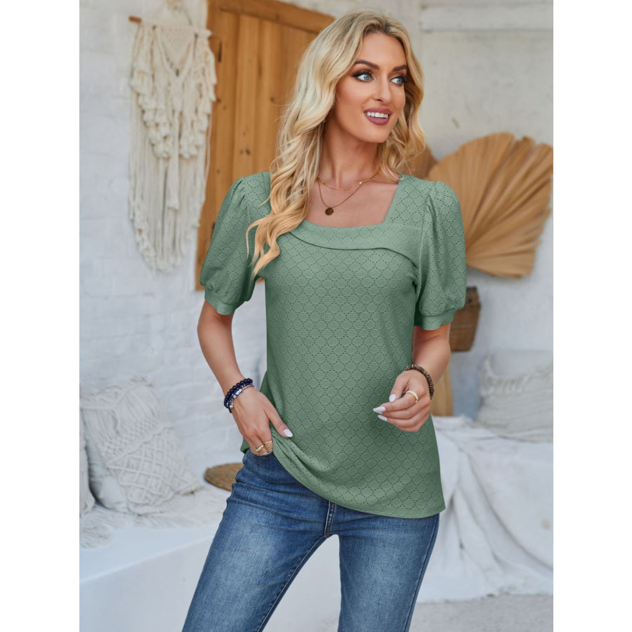 Eyelet Asymmetrical Neck Short Sleeve T - Shirt Sage / S Apparel and Accessories