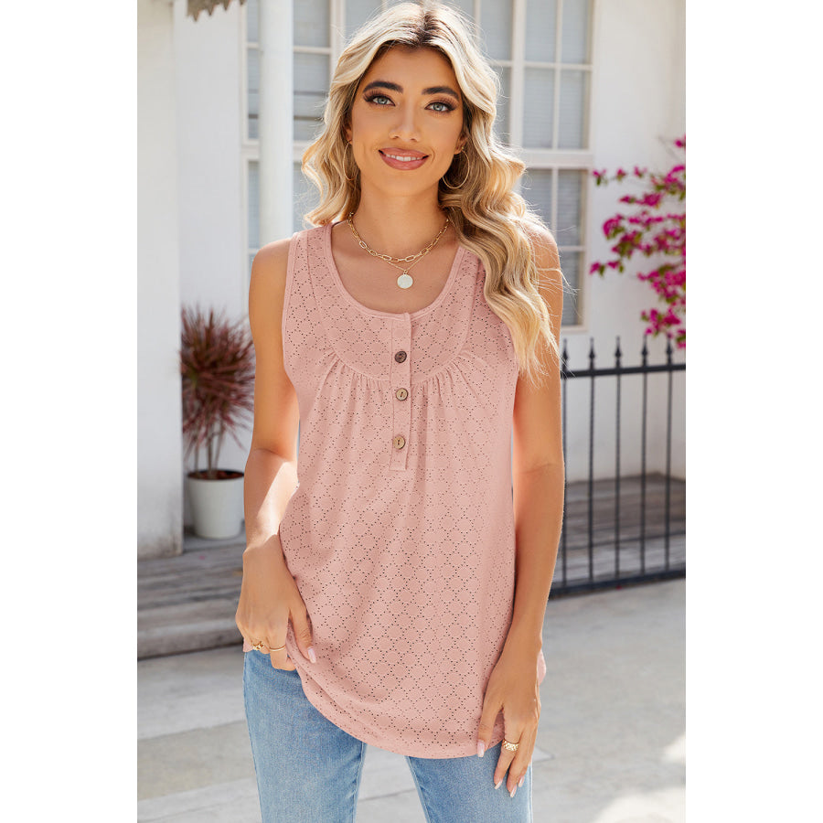 Eyelet Buttoned Round Neck Tank Apparel and Accessories