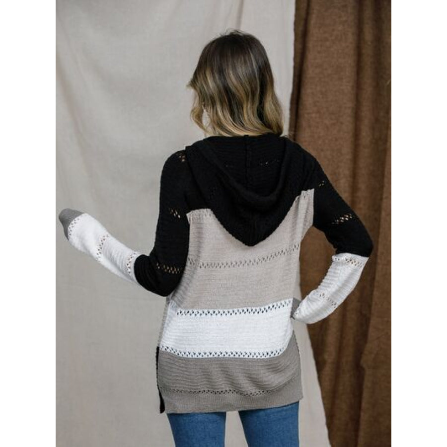 Eyelet Color Block Hooded Sweater Black / S Apparel and Accessories