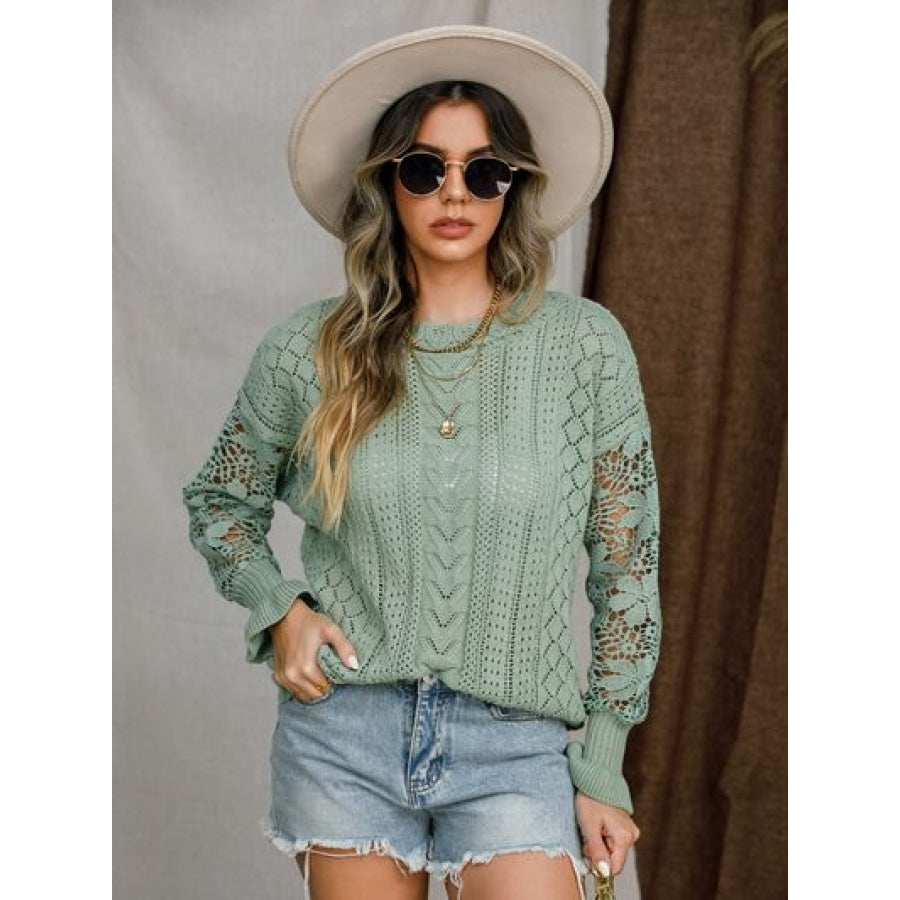 Eyelet Crochet Lantern Sleeve Sweater Apparel and Accessories