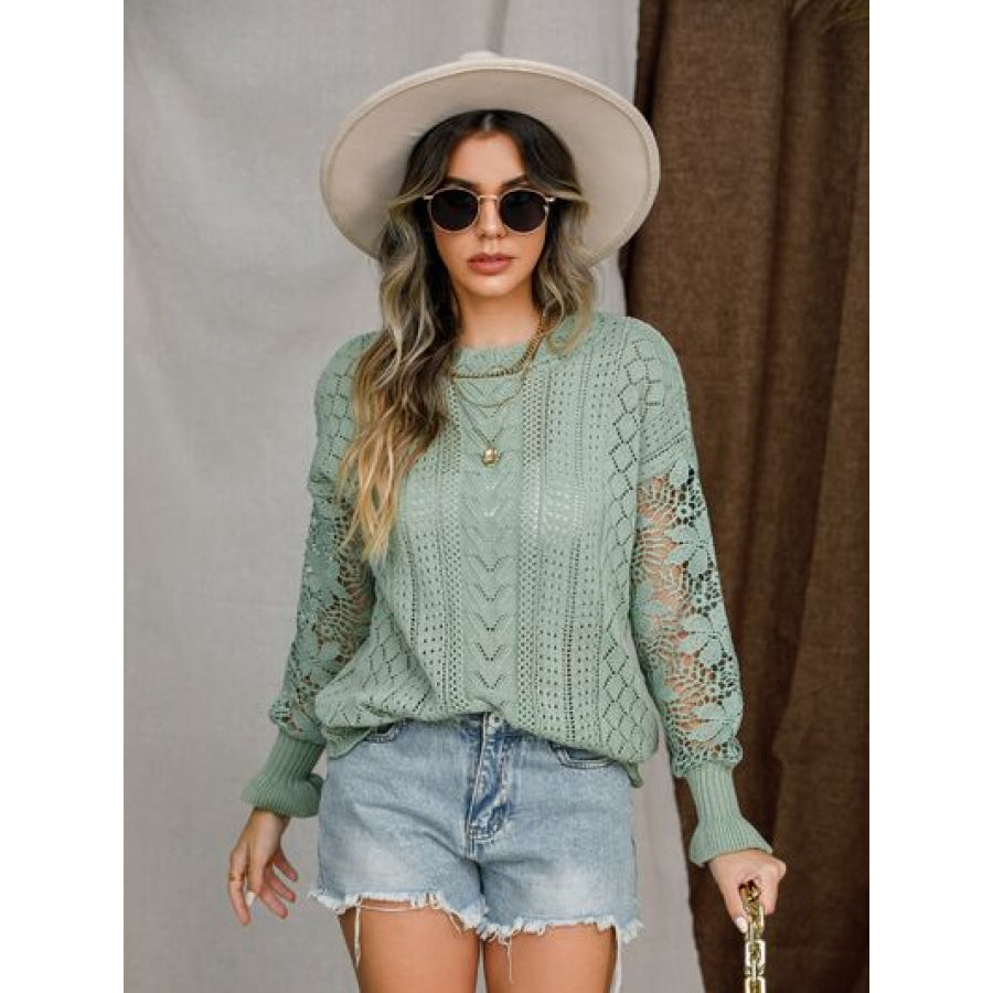 Eyelet Crochet Lantern Sleeve Sweater Gum Leaf / S Apparel and Accessories