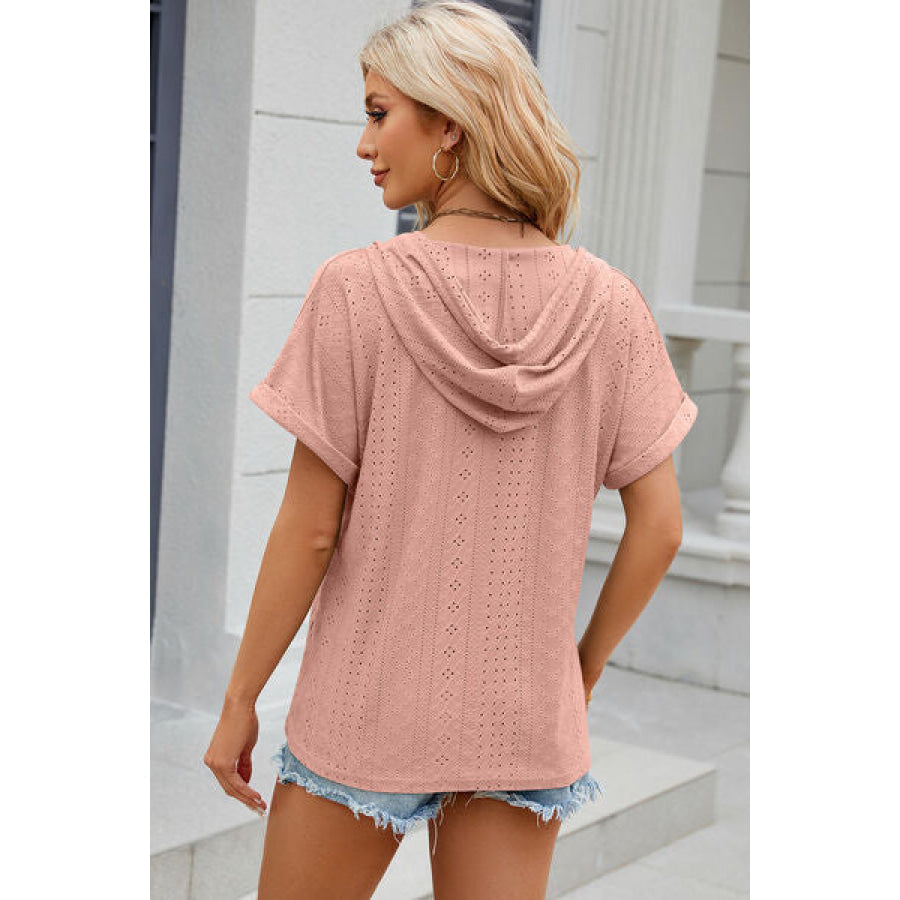 Eyelet Drawstring Hooded Short Sleeve Blouse Apparel and Accessories