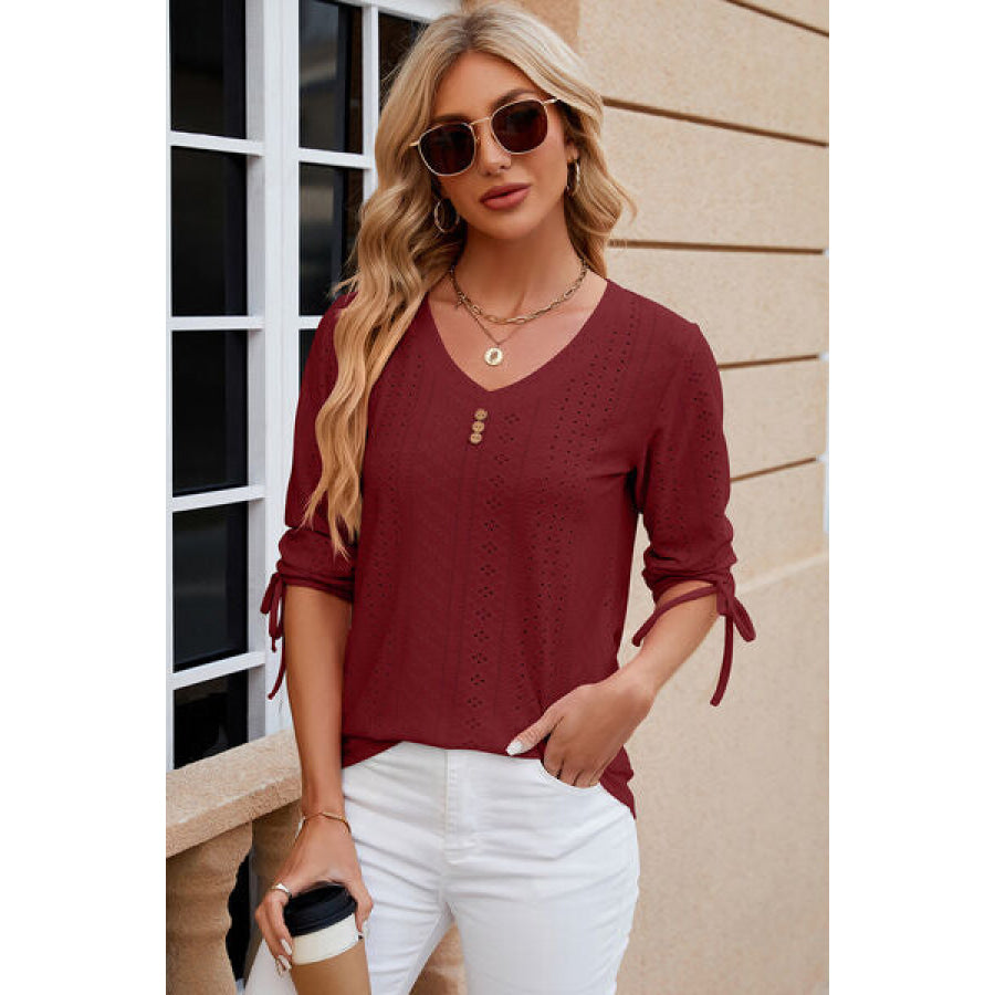 Eyelet Drawstring V - Neck Half Sleeve T - Shirt Apparel and Accessories