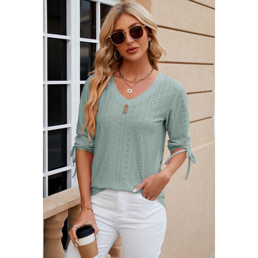Eyelet Drawstring V - Neck Half Sleeve T - Shirt Apparel and Accessories