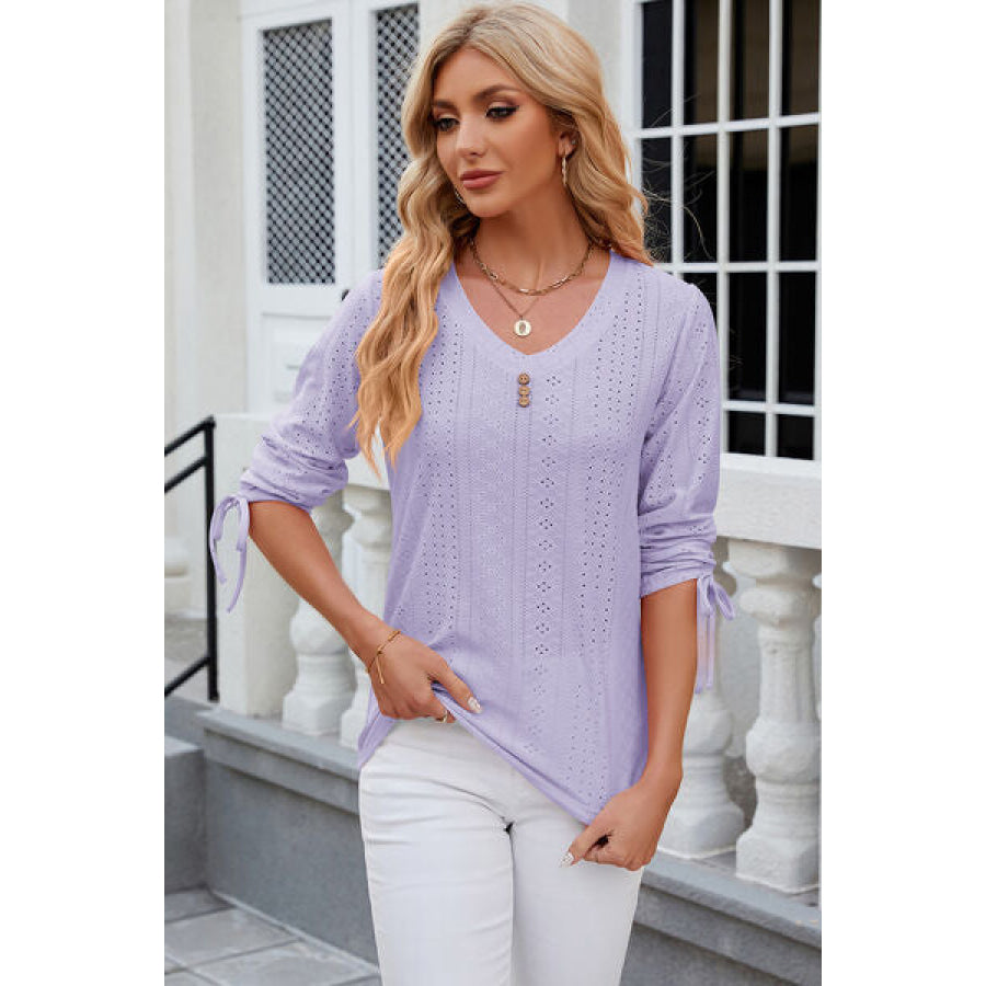 Eyelet Drawstring V - Neck Half Sleeve T - Shirt Apparel and Accessories