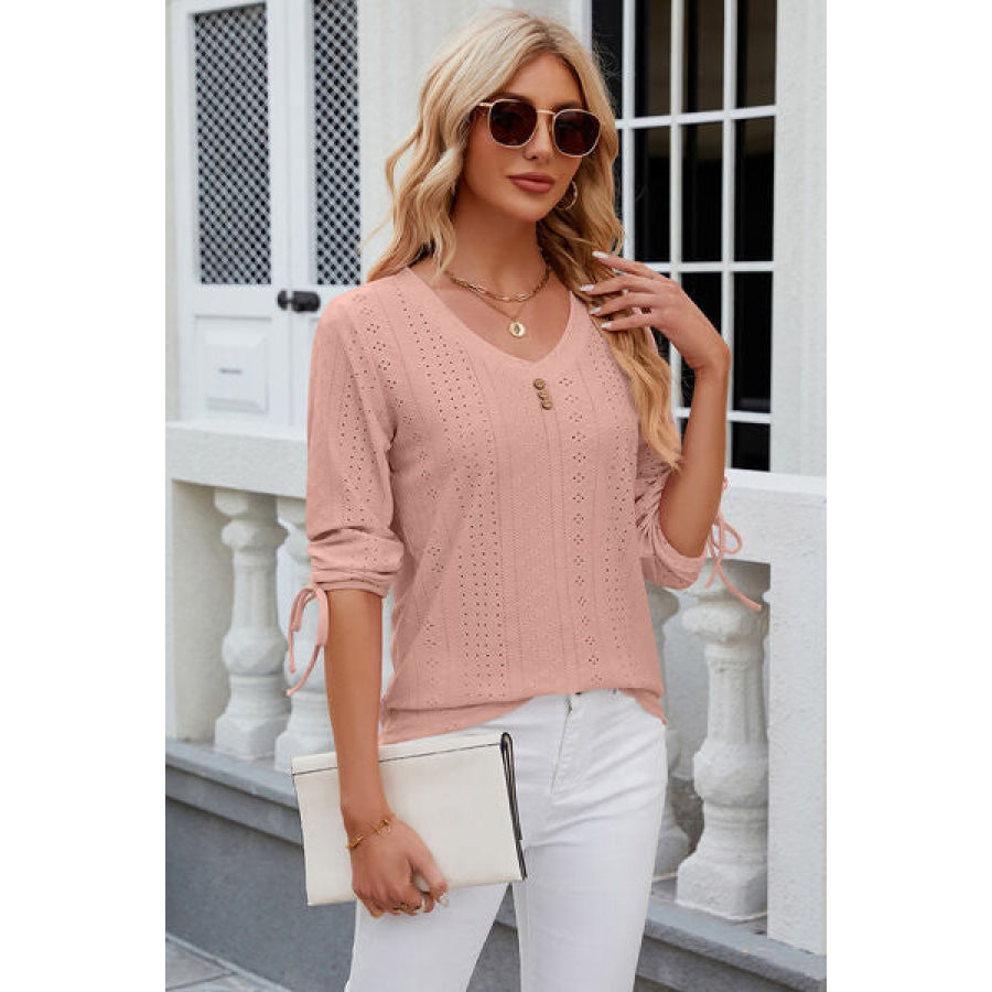 Eyelet Drawstring V - Neck Half Sleeve T - Shirt Apparel and Accessories