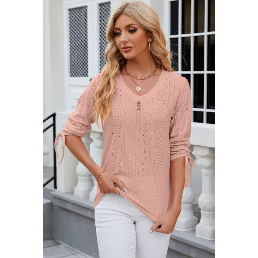 Eyelet Drawstring V - Neck Half Sleeve T - Shirt Apparel and Accessories