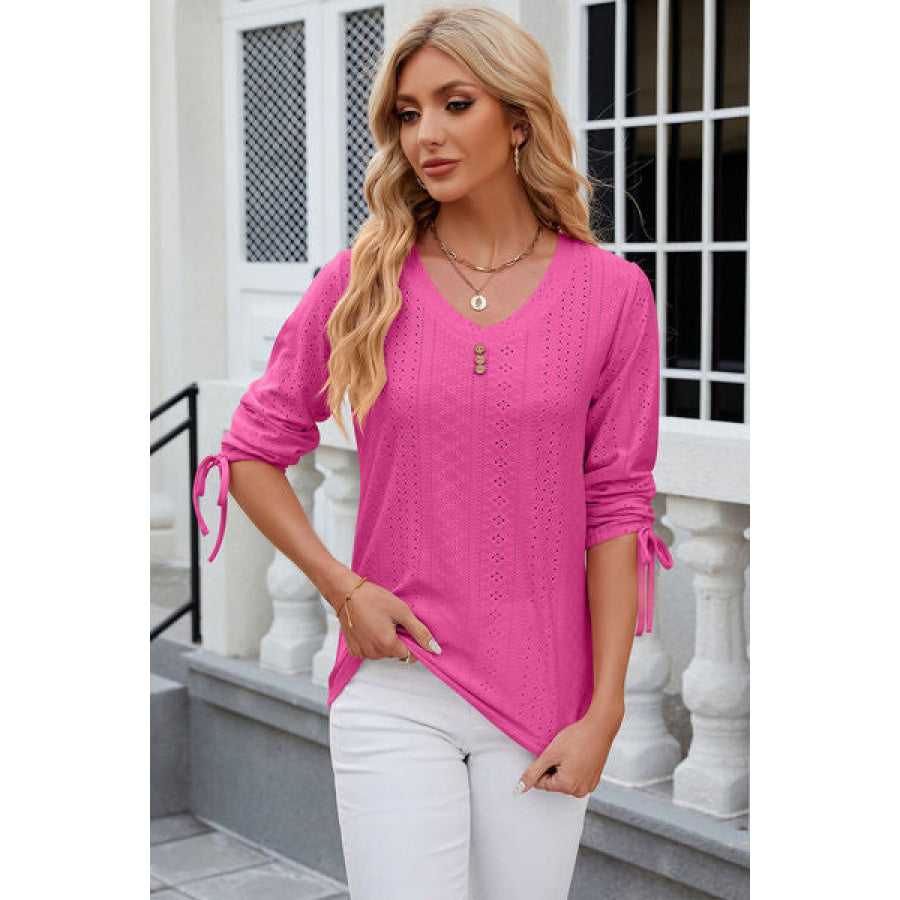 Eyelet Drawstring V - Neck Half Sleeve T - Shirt Apparel and Accessories