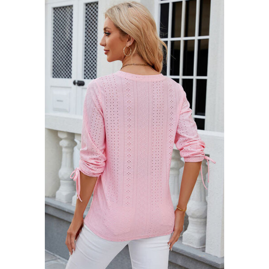 Eyelet Drawstring V - Neck Half Sleeve T - Shirt Blush Pink / S Apparel and Accessories