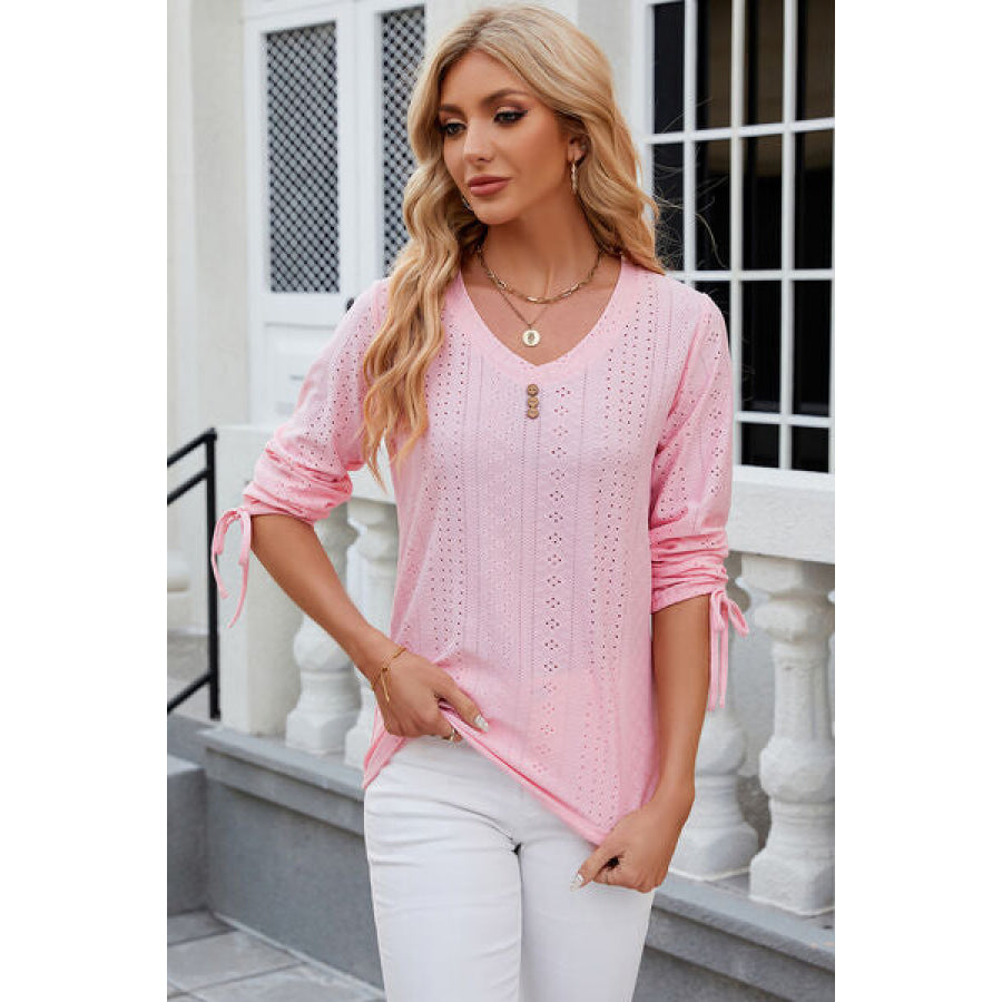 Eyelet Drawstring V - Neck Half Sleeve T - Shirt Apparel and Accessories