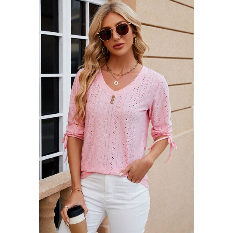 Eyelet Drawstring V - Neck Half Sleeve T - Shirt Apparel and Accessories