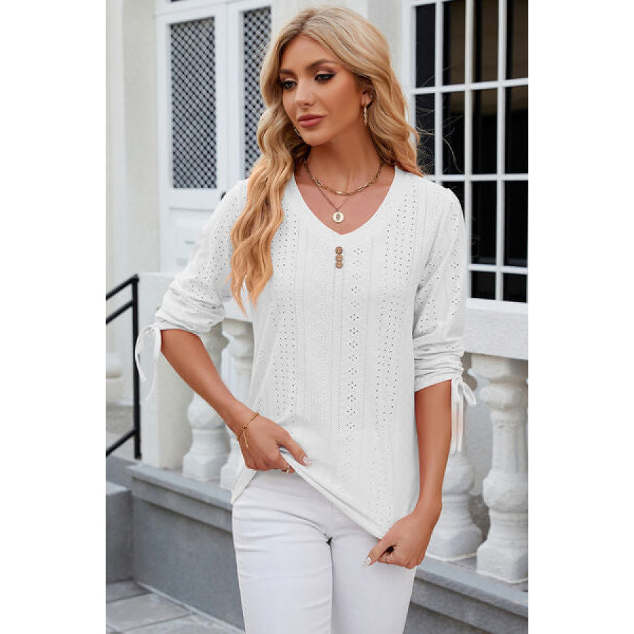 Eyelet Drawstring V - Neck Half Sleeve T - Shirt Apparel and Accessories