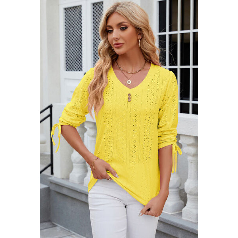 Eyelet Drawstring V - Neck Half Sleeve T - Shirt Apparel and Accessories