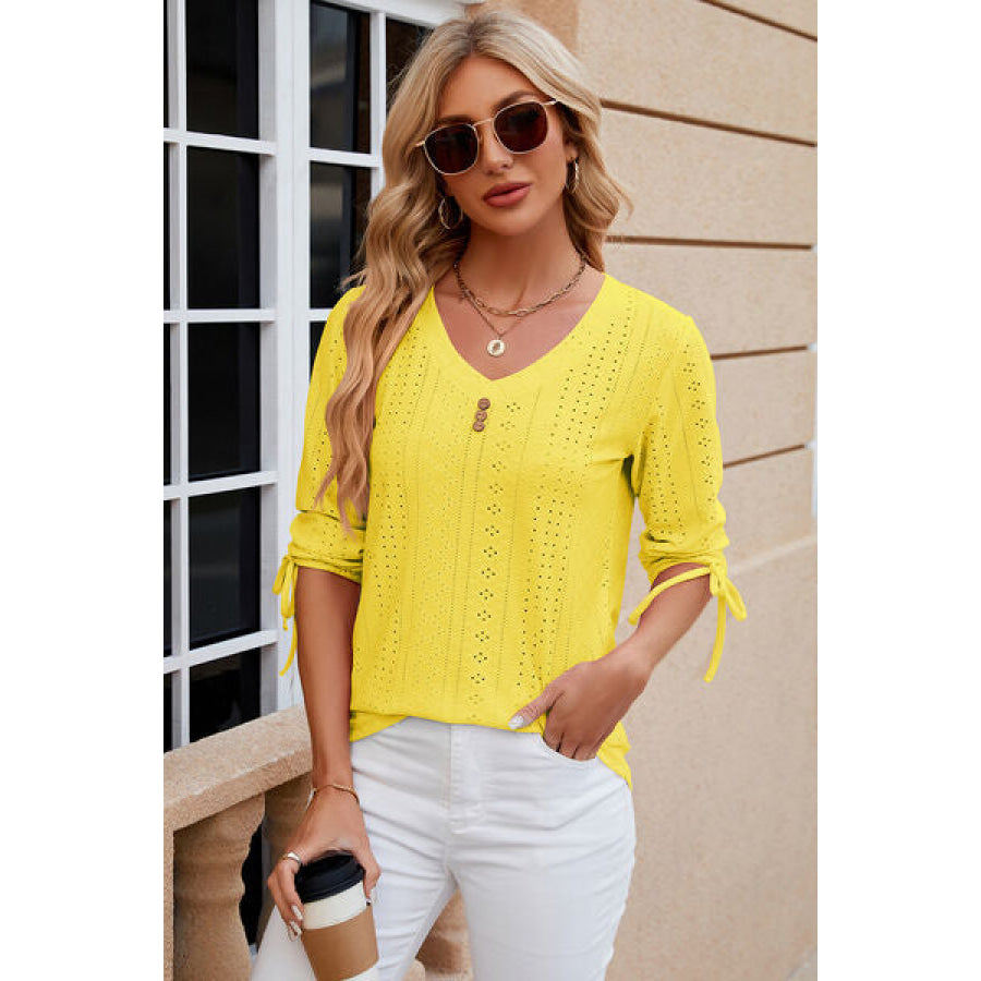 Eyelet Drawstring V - Neck Half Sleeve T - Shirt Apparel and Accessories