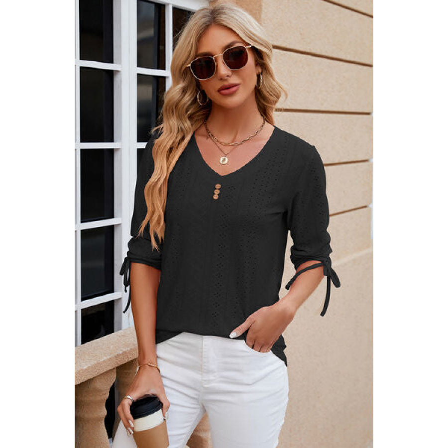Eyelet Drawstring V - Neck Half Sleeve T - Shirt Black / S Apparel and Accessories