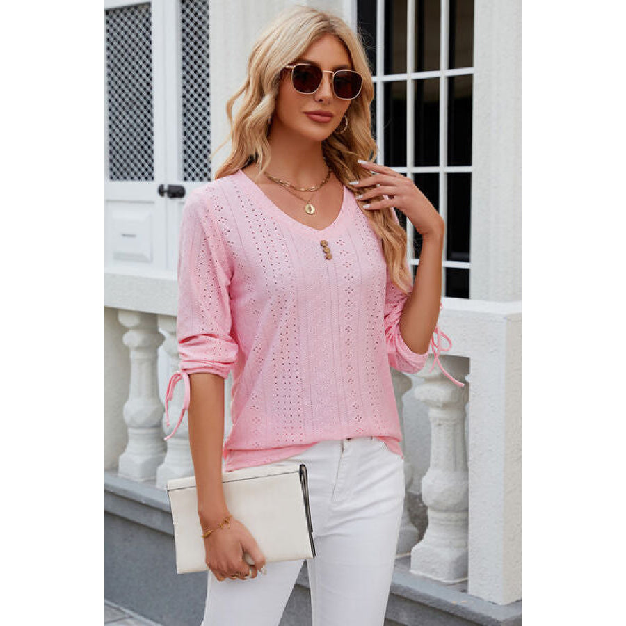 Eyelet Drawstring V - Neck Half Sleeve T - Shirt Blush Pink / S Apparel and Accessories