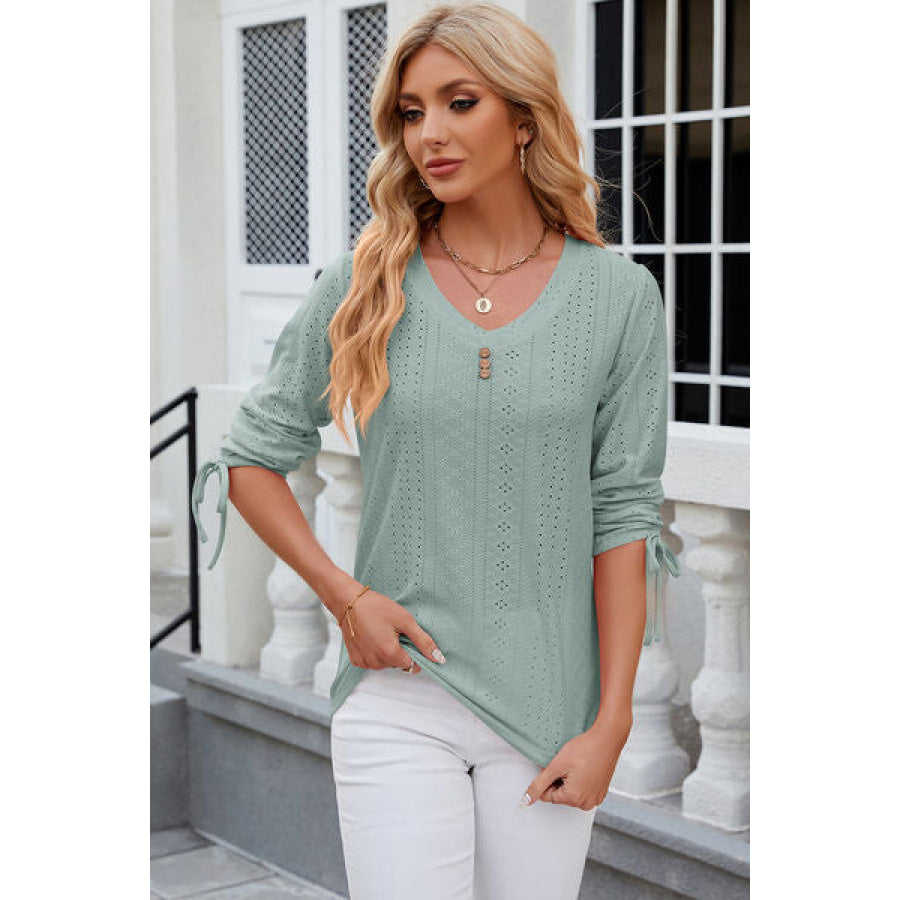 Eyelet Drawstring V - Neck Half Sleeve T - Shirt Gum Leaf / S Apparel and Accessories